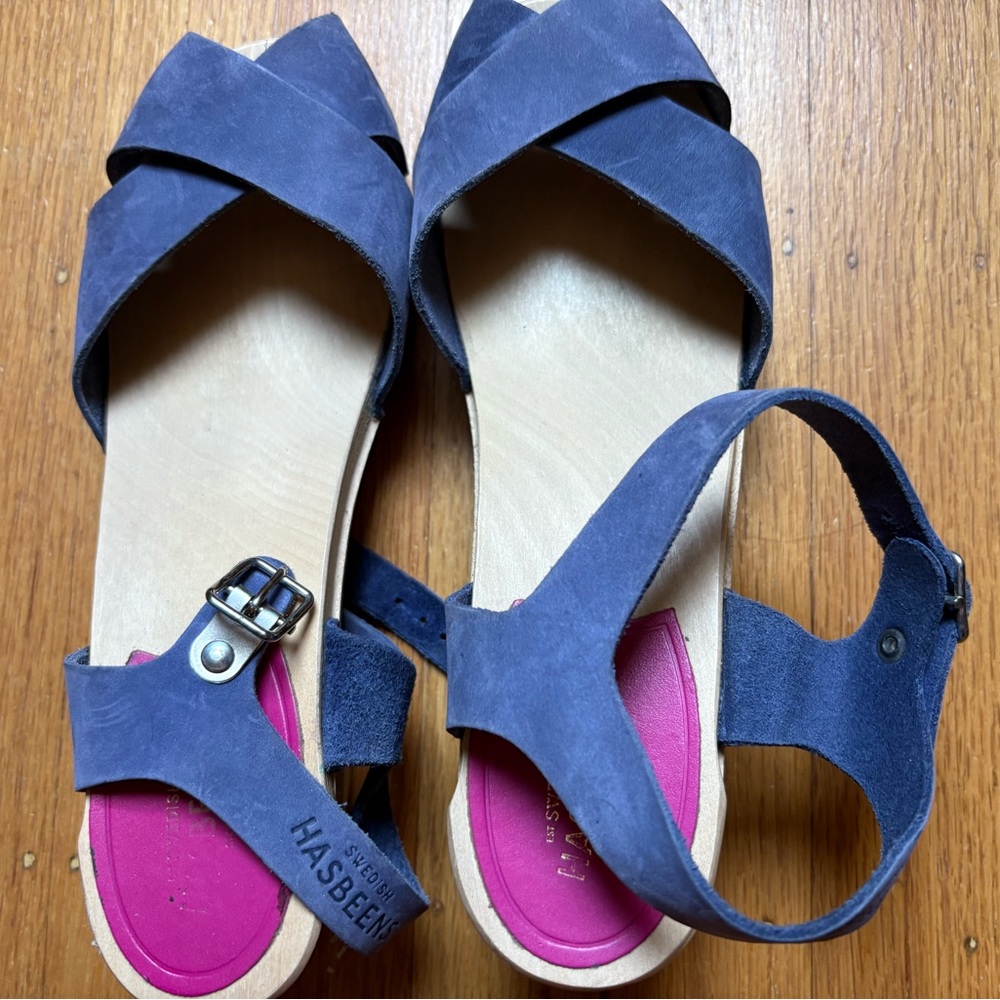 Swedish Hasbeens Blue Mules with Crossover Design
